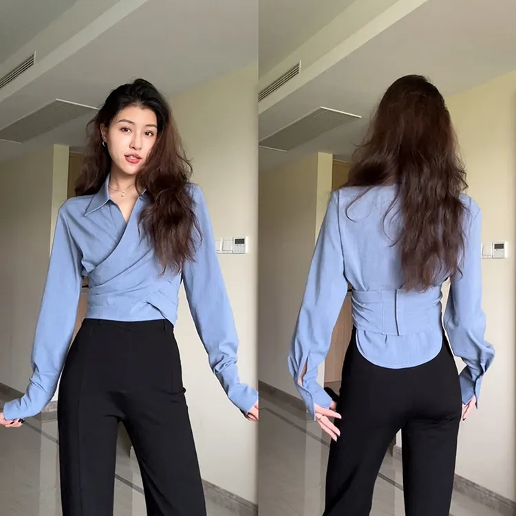 张阿星【雾蓝岛】通勤气质前片交叉魔术贴蓝衬衫+裤子 W423A01737-1