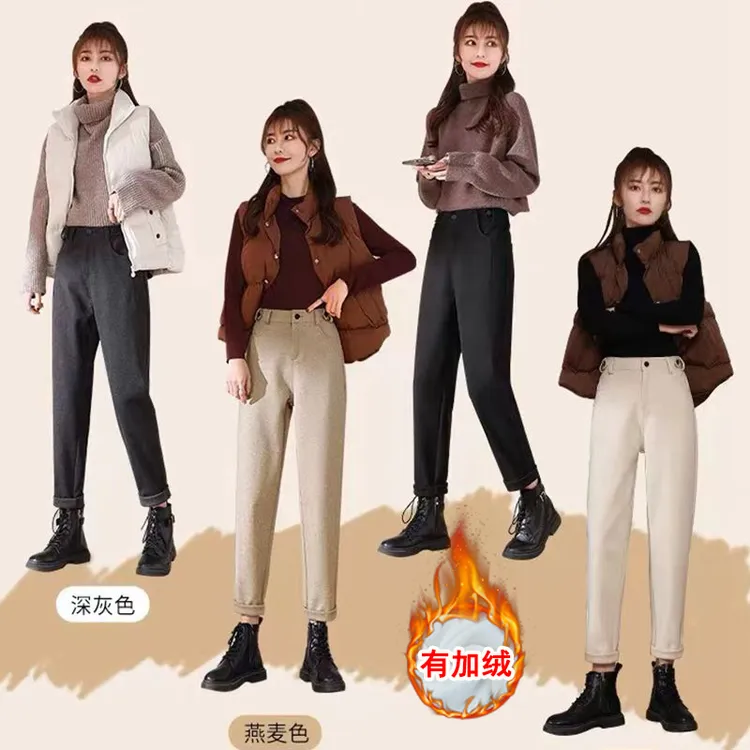 2025加绒加厚秋冬毛呢裤子女显瘦休闲奶奶萝卜哈伦老爹裤子