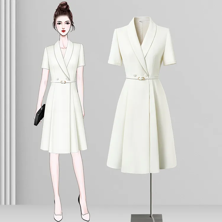 夏季连衣裙女2025修身遮肚轻奢气质时尚小个子减龄浅色法式西装裙