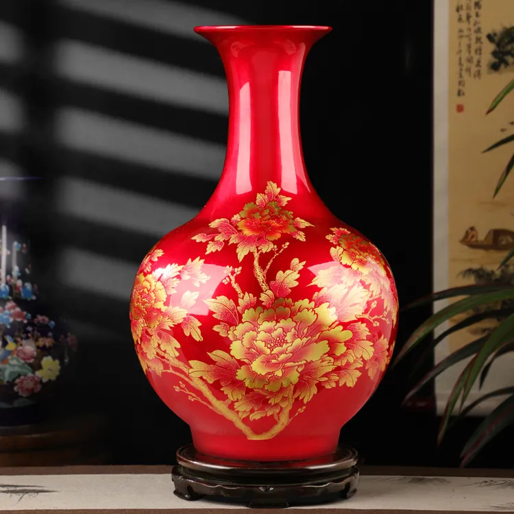 【景德镇瓷】中国红金沙水晶釉花开富贵赏瓶 送木底座高档新中式