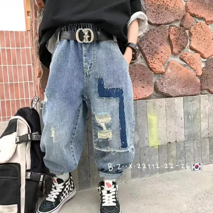 儿童假破洞潮版牛仔裤2023年春秋季新款中大童男女同款长裤N603