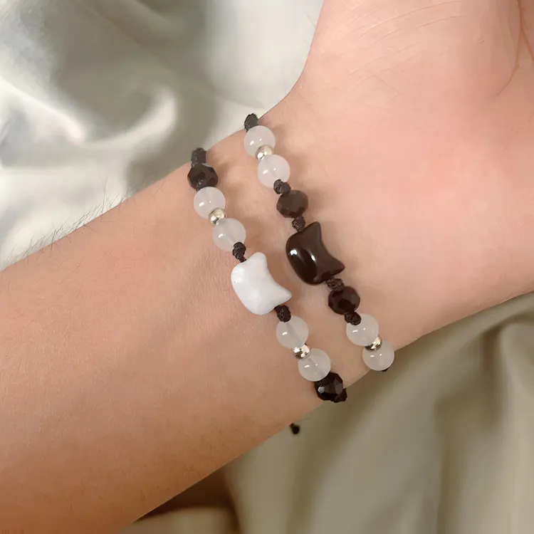 非金属布艺手链 爆款黑猫白猫手链精致小众编织情侣手绳百搭手工