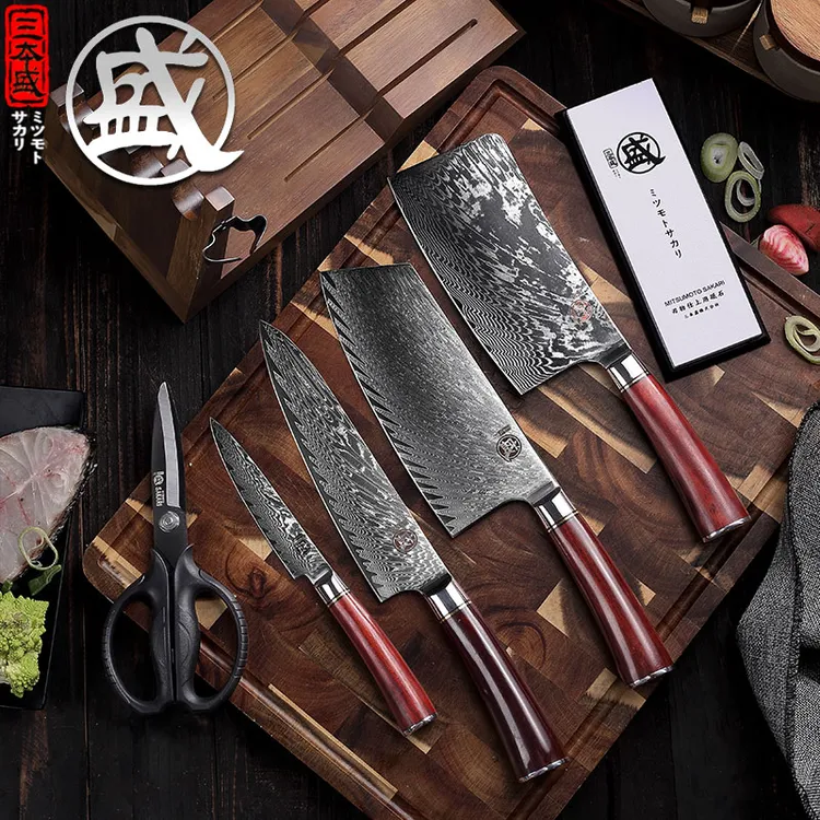 三本盛菜刀套装大马士革钢刀具日本厨房刀具套装厨具切片刀进口