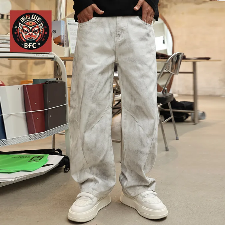 美式复古休闲长裤做旧小弯刀爆款2024秋冬新款宽松阔腿擦脏脏裤