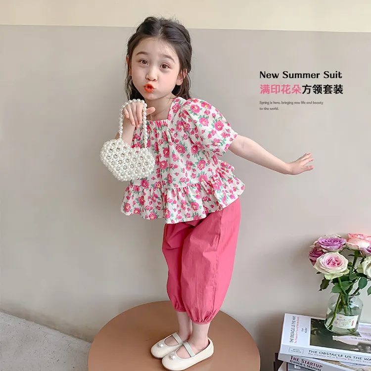 女童套装夏装2024新款洋气时髦小女孩宝宝夏款儿童夏季方领套装