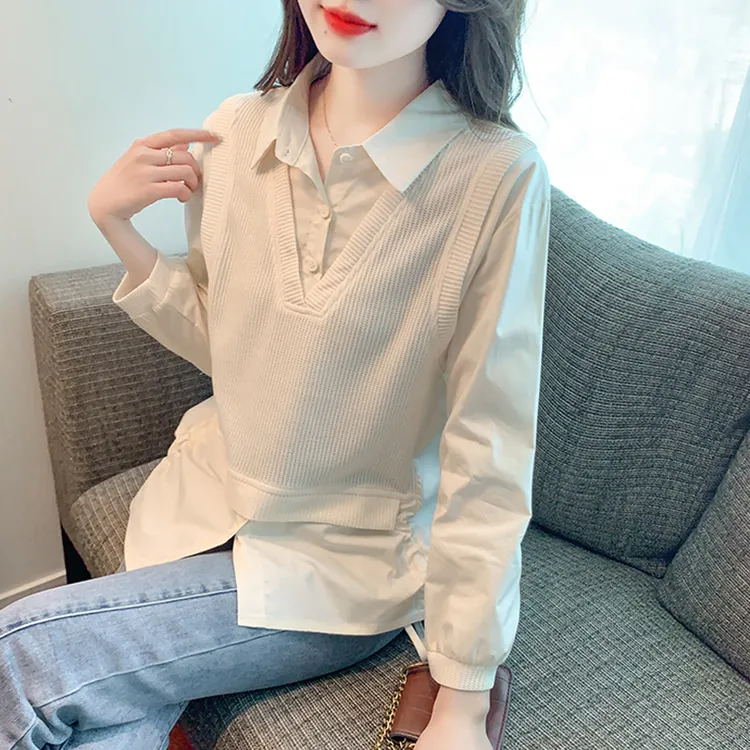2025年春季洋气假两件上衣长袖衬衫女款外穿爆款polo领高级感衬衣