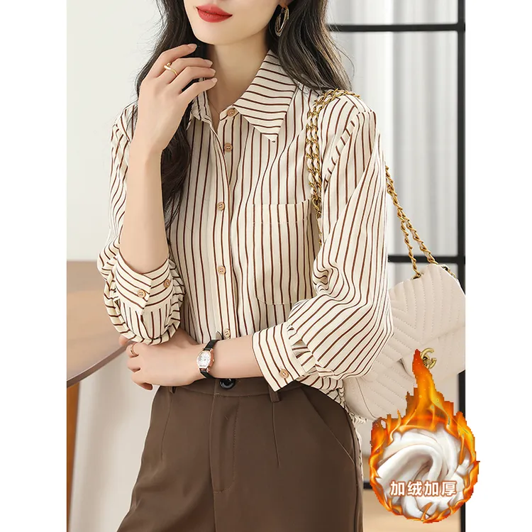 高级感内搭加绒加厚长袖衬衫女款外穿法式上衣秋冬polo领条纹衬衣