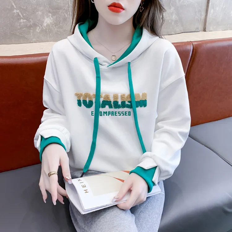2025春秋新款洋气撞色假两件连帽刺绣卫衣女士小个子减龄长袖外套