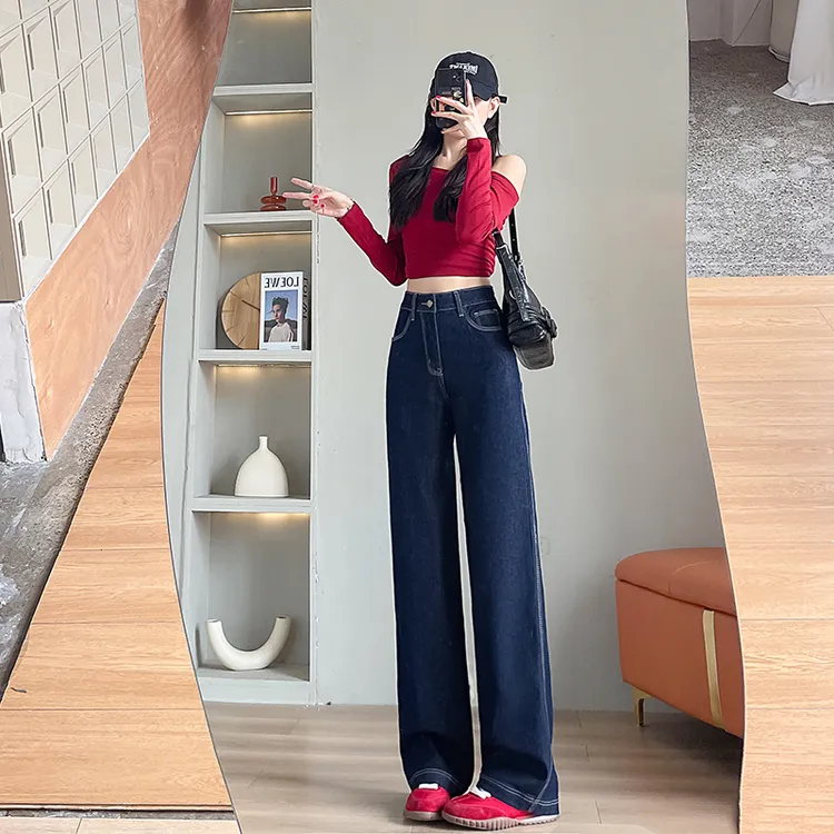 休闲加厚加绒高腰阔腿秋冬复古时尚子显瘦直筒百搭修身宽松牛仔裤