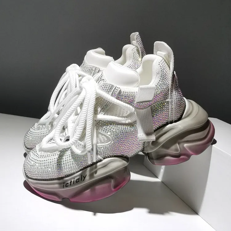 CONIEL内增高8CM真皮厚底满钻水钻真皮透气网休闲运动老爹鞋女单