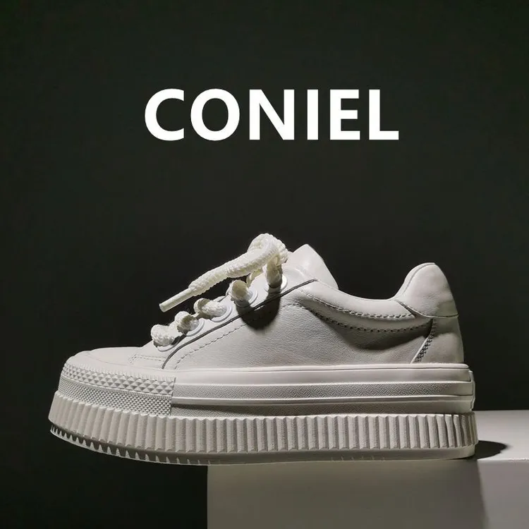 Coniel欧货小白鞋2024女新款真皮百搭休闲厚底饼干鞋潮