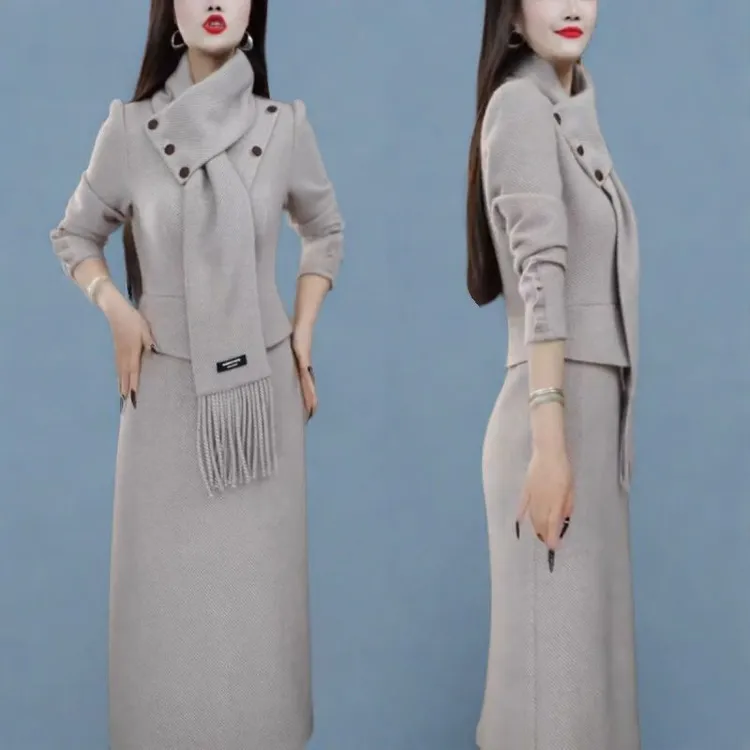 2025秋冬新款时尚气质显瘦设计感围巾连衣裙女中长款百搭打底裙子