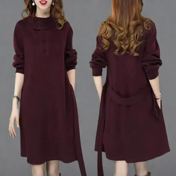 时尚系带长袖连衣裙女2026春季新款气质显瘦设计感中长款a字裙子