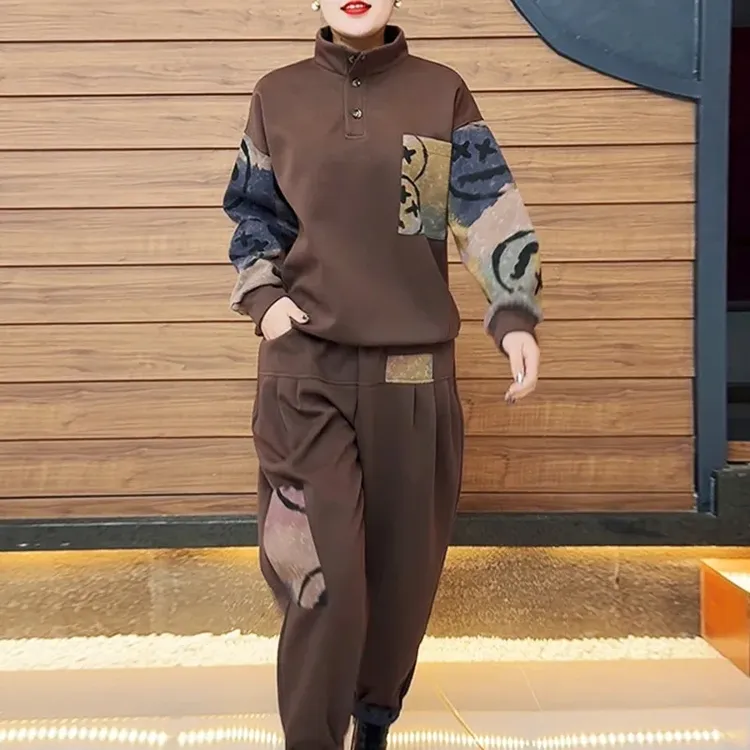 时尚拼色大码休闲简约通勤套装女2025秋季新款显瘦哈伦裤两件套装