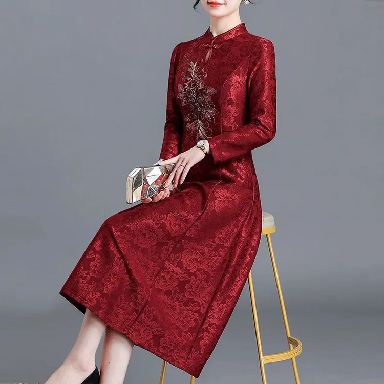 喜婆婆婚宴装旗袍连衣裙女春秋冬高贵洋气年轻妈妈婚礼服平时可穿