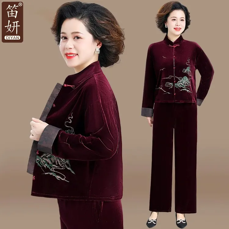 妈妈春装洋气金丝绒套装女2025新款中老年人春秋外套中式唐装上衣