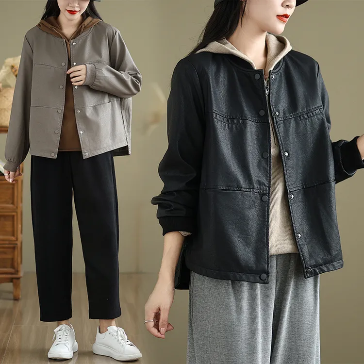 大码女装宽松pu皮衣休闲外套棒球领机车服秋冬显瘦夹克