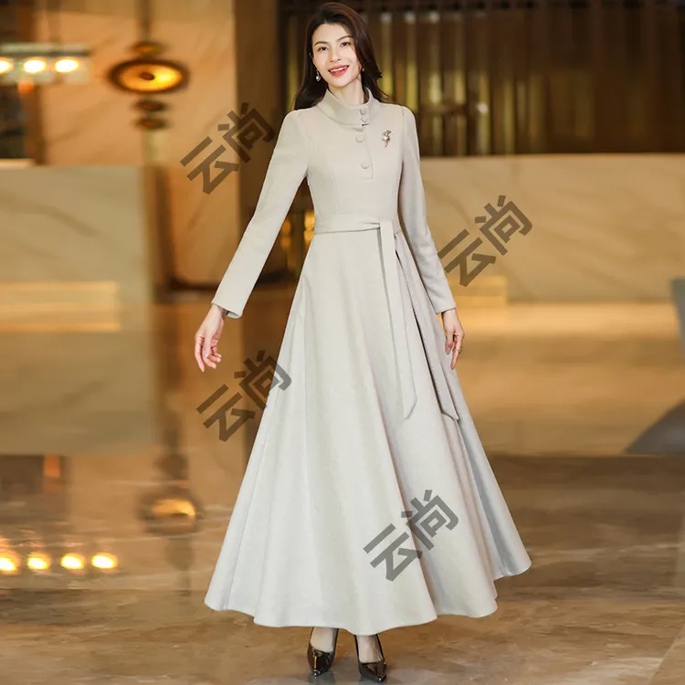 立领连衣裙秋冬季高级感显瘦修身气质复古法式收腰过膝长裙1206