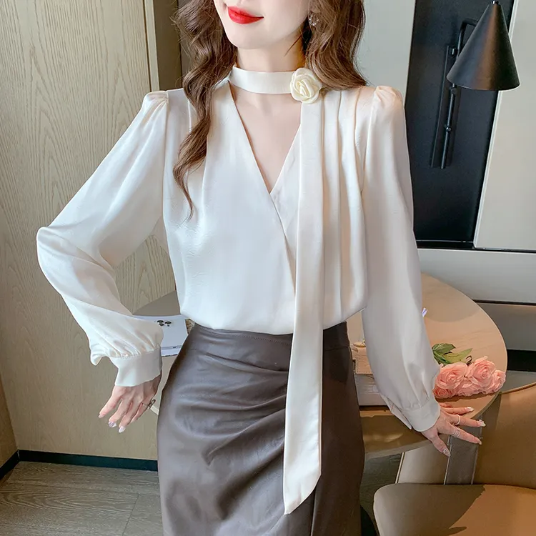 玫瑰胸花飘带衬衫女装2024秋季新款职业通勤法式气质v领上衣小衫