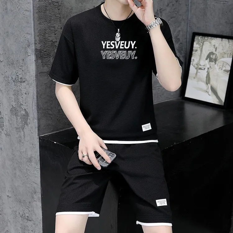 ins短袖运动搭配t外男士全套套装穿男装短裤休闲华夫格恤夏季一套