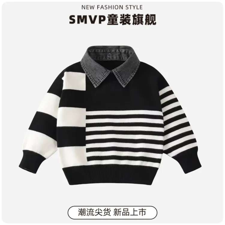 潮流儿童毛衣新款韩版男童洋气牛仔领针织衫条纹拼接撞色套头上衣