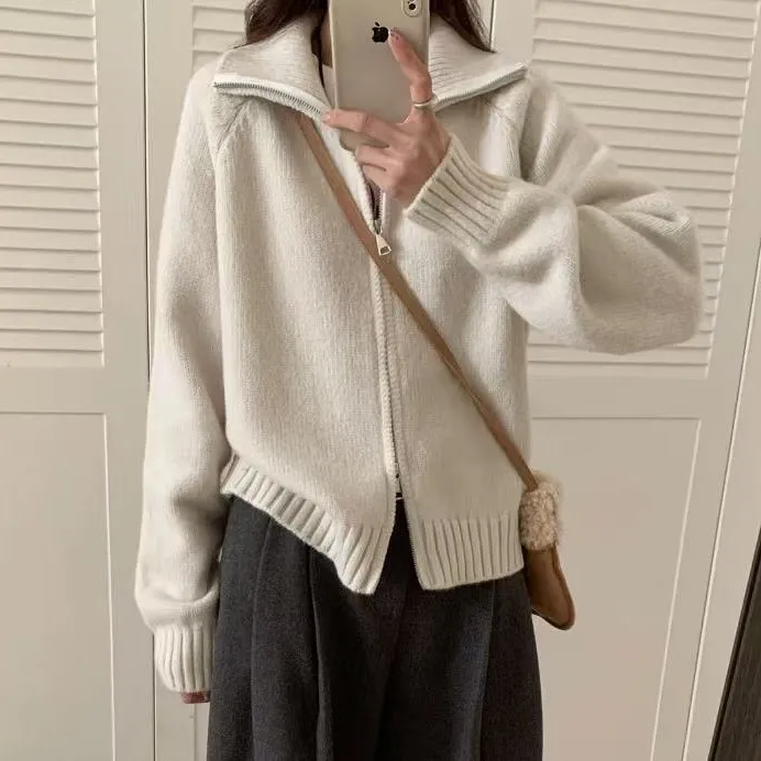  立领粗针织加厚冬季新款拉链毛衣女纯色保暖针织衫外套韩版毛衣