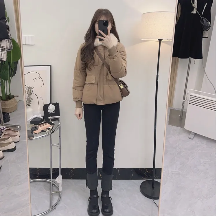 休闲简约棉服外套冬季冬款新款棉衣女小个子加厚修身保暖毛领棉服