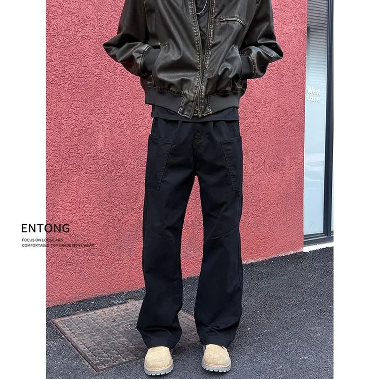 Entong美式高街vibe黑色休闲工装裤男生显瘦微喇宽松直筒微喇裤子