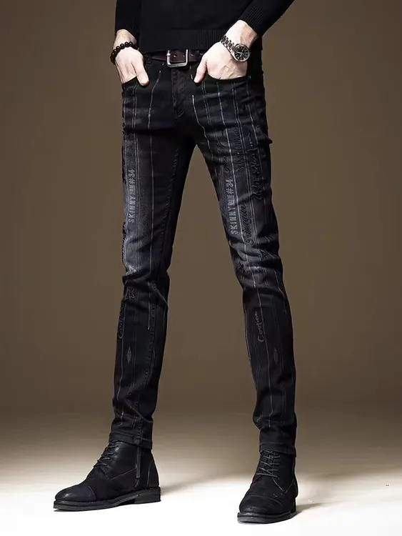 潮牌条纹刺绣印花黑色牛仔裤男秋季百搭修身小脚弹力长裤子