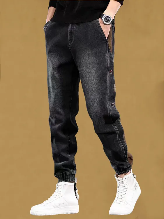 潮牌牛仔裤男秋冬款痞帅炸街裤子2024新款束脚哈伦裤高级感工装裤