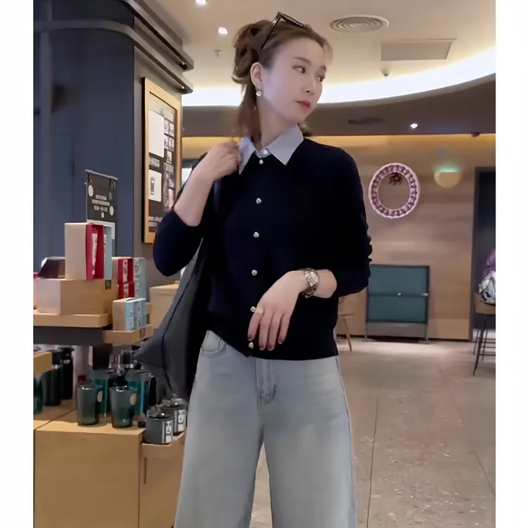 polo领撞色假两件毛衣女冬季新款韩系慵懒风显瘦长袖百搭针织开衫