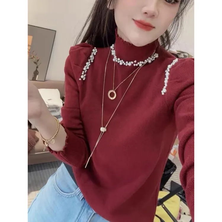 韩版高领显瘦木耳边钉珠打底针织衫女秋冬新款内搭毛衣套头上衣潮