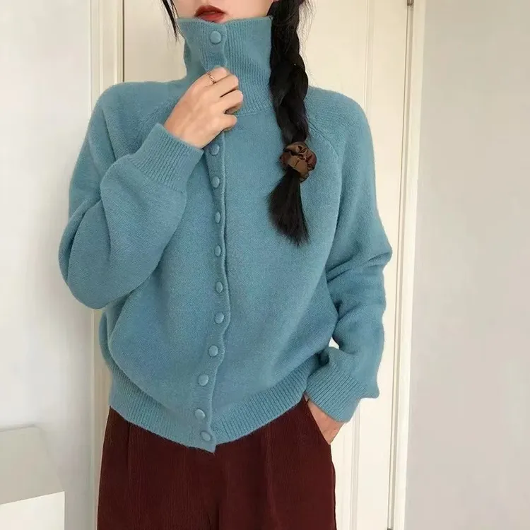 秋冬季新款复古高领长袖针织开衫女韩系慵懒风宽松毛衣纯色外套潮