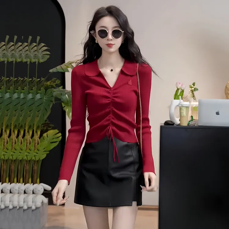 韩系V领抽绳长袖针织衫女早秋新款气质显瘦内搭不规则打底上衣潮