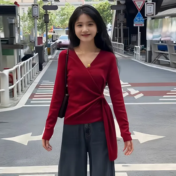 安可拉红收腰绑带显瘦针织衫早秋新款韩版长袖V领上衣内搭针织衫