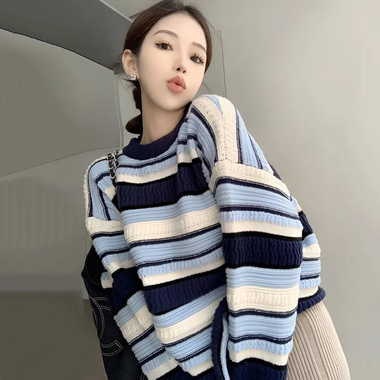 韩版条纹麻花软糯套头毛衣女秋冬宽松慵懒风长袖外穿针织衫上衣潮