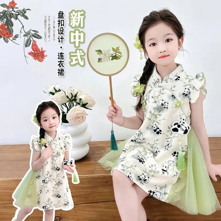 QIAERDE/洽尔德有里衬 2025女童新款夏季公主国风熊猫竹子旗袍裙