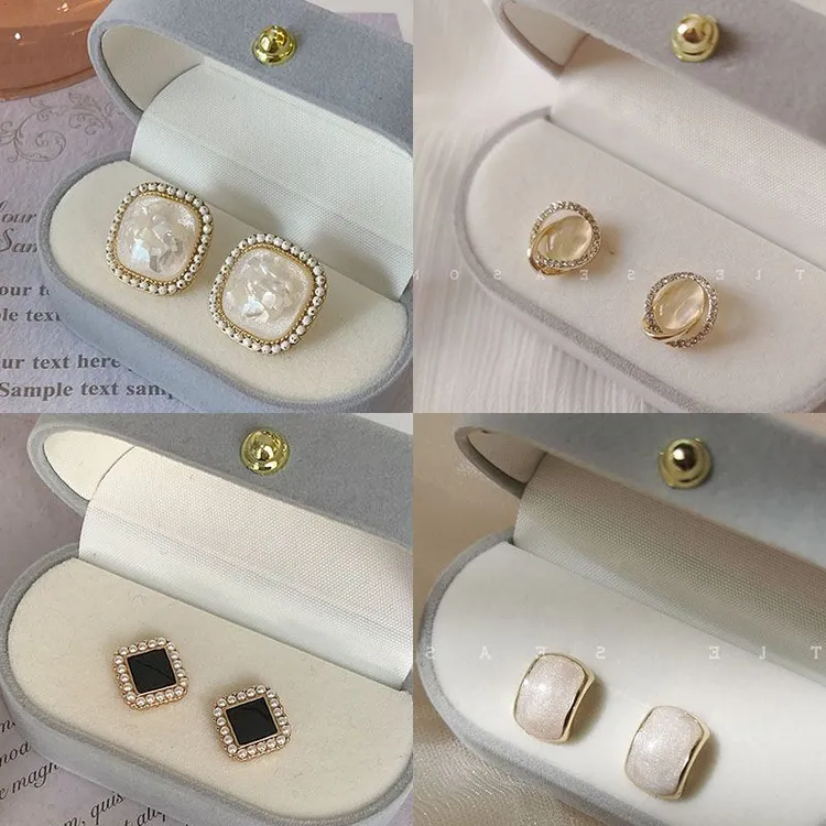 复古港风vintage耳环~日系精致网红白贝壳碎片方形宝石耳钉女耳饰