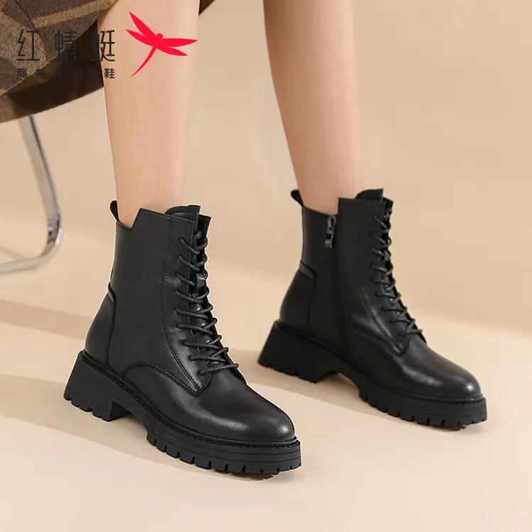 【红蜻蜓正品】短靴马丁靴秋冬季中跟加绒厚底高跟中筒短筒女款靴子