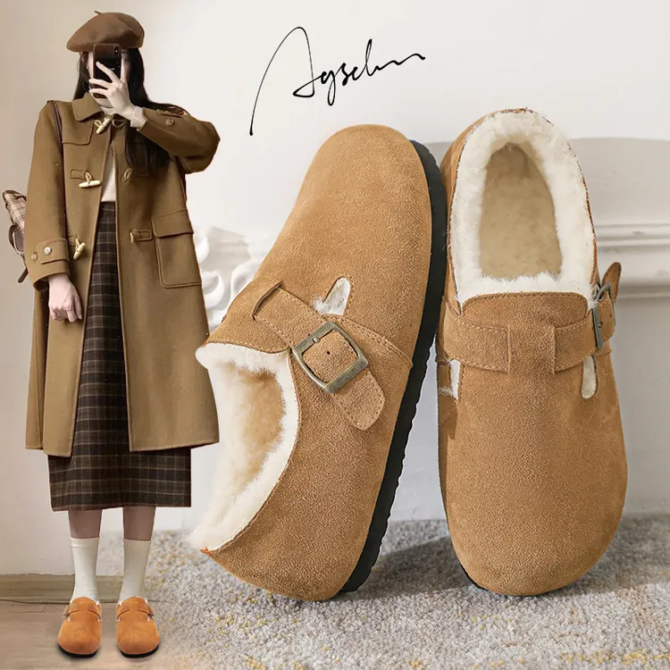奥古狮登加绒勃肯鞋女2024新款春秋厚底全包毛毛棉鞋平底博肯单鞋