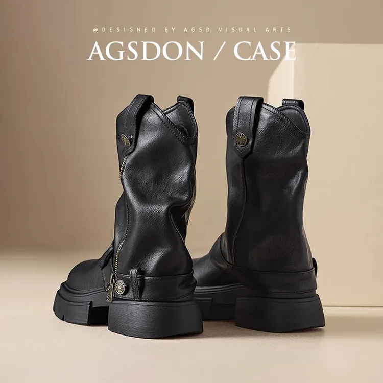 ~奥古狮登裤管堆堆靴女2025新款秋季西部牛仔靴洋气厚底马丁靴子W