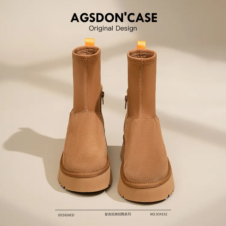 奥古狮登铅笔雪地靴女2025新款冬季真皮加绒保暖厚底瘦瘦弹力袜靴