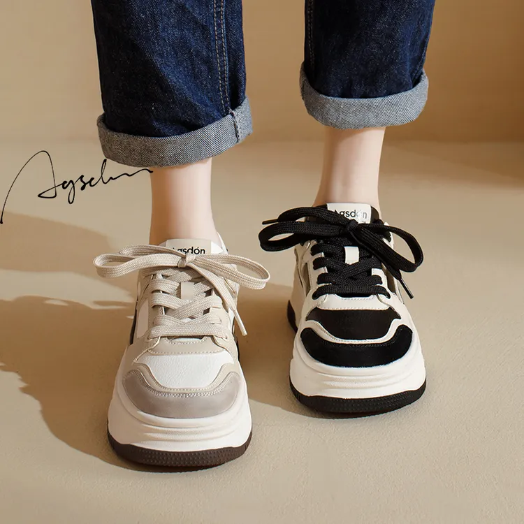 奥古狮登真皮小白鞋女2025新款秋季百搭大头厚底运动熊猫黑白板鞋