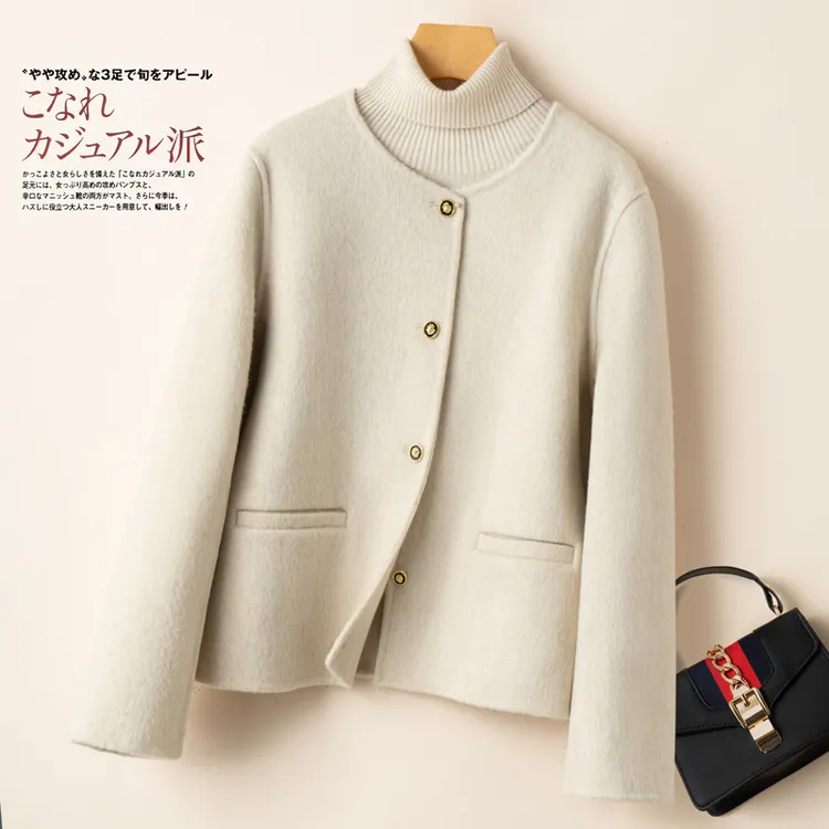 双面呢大衣女短款小香风秋冬呢子小款圆领时尚百搭毛呢外套