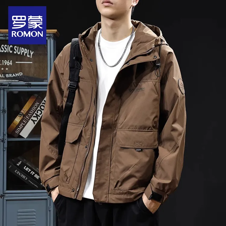 罗蒙连帽冲锋衣男士春秋季2025新款潮牌百搭宽松休闲工装外套男生