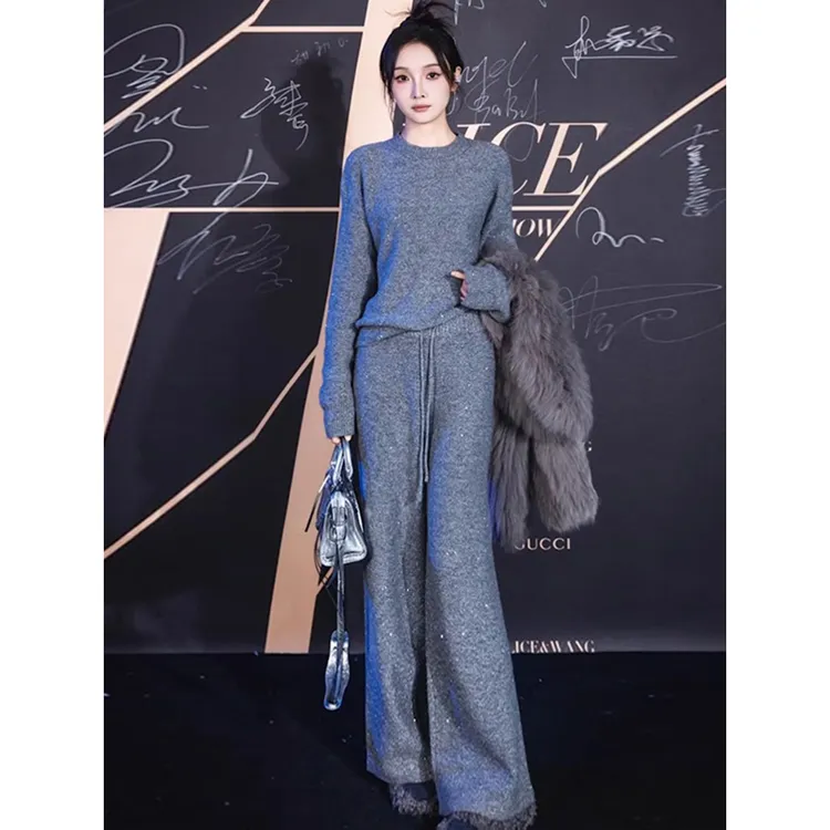 网红洋气炸街灰色时尚套装2025新款女春秋季针织卫衣阔腿裤两件套