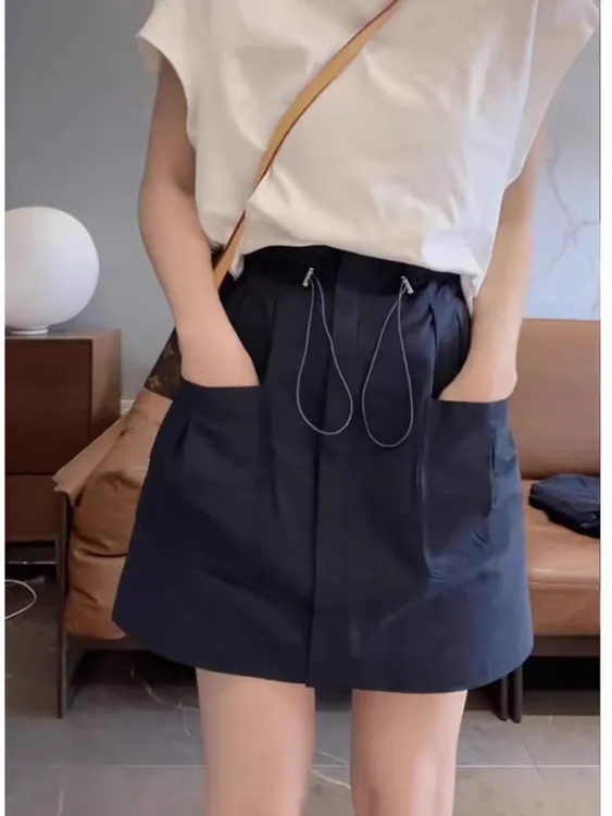 【丫丫】039女夏季新款时尚洋气百搭休闲抽绳显瘦纯色松紧腰裙裤