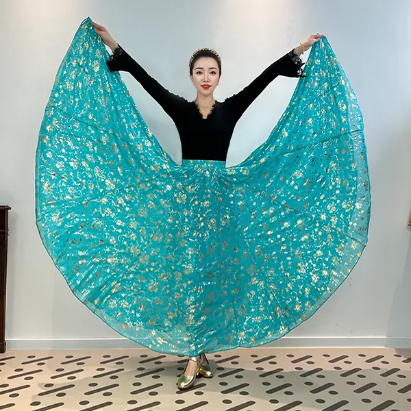 烫金款孔雀绿芙蓉纱时尚百搭交谊舞出游全松紧腰大摆半身裙带衬裙