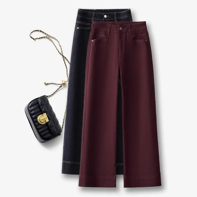 高端安哥拉红加绒牛仔阔腿裤女秋冬新款2025复古爆款深色直筒裤子