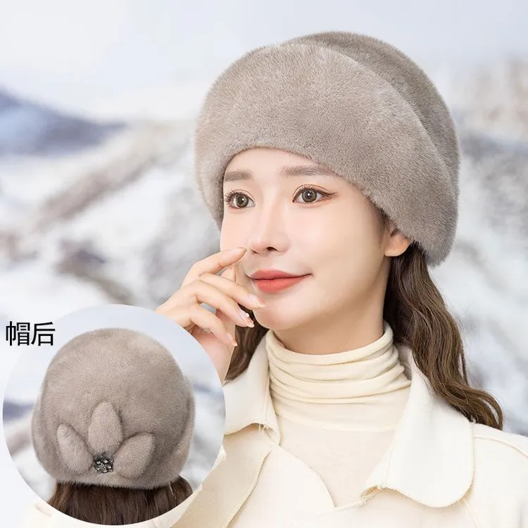 女士整貂水貂帽银兰色冬季新款保暖时尚百搭护耳毛绒皮草帽子